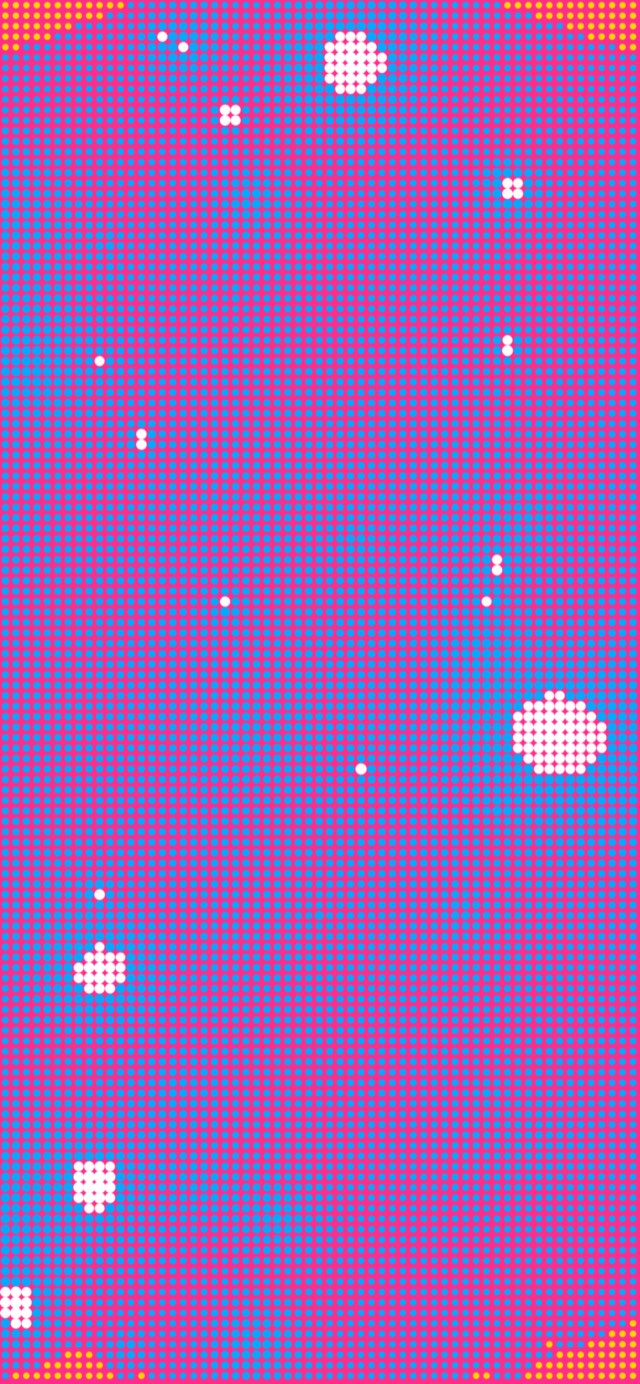 iPhone에서 본 Pop Art 무드와 Halftone 효과 — 분홍과 파랑 망점 위에 흰 점 무리