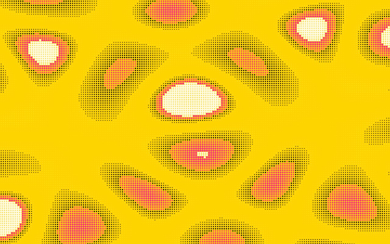 Pop Art 무드에 Halftone 효과를 켠 화면 — 노란 바탕에 분홍·검정·흰색 망점으로 그려진 둥근 무늬
