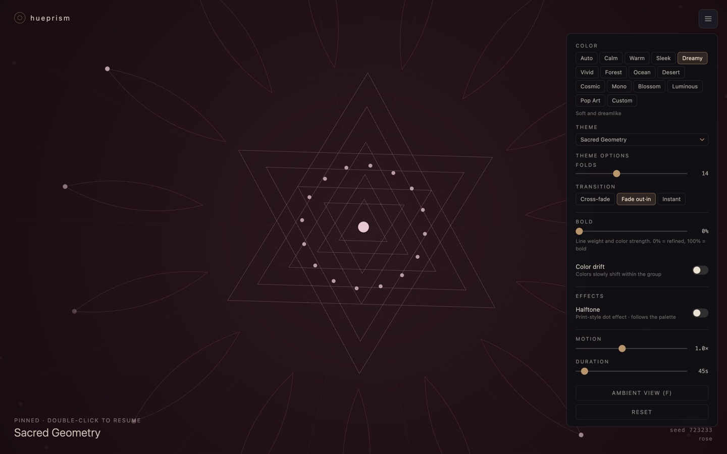 hueprism 설정 패널 — Sacred Geometry 테마 위에 Color, Theme, Transition, Bold, Color drift, Halftone, Motion, Duration 항목이 영어로 표시된 화면