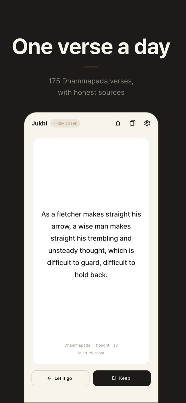 Jukbi home screen under the headline ‘One verse a day’ — a Dhammapada verse card with its chapter and verse number