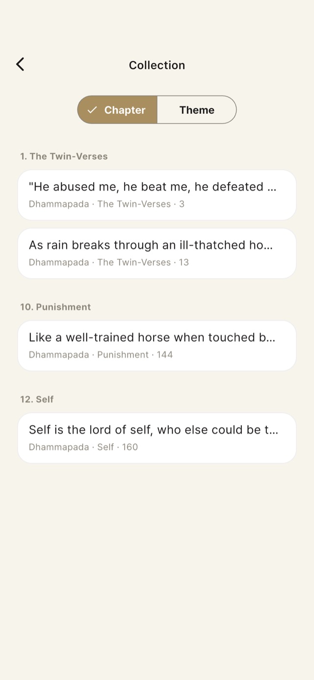 Collection — kept verses grouped by chapter, with a switch to group them by theme