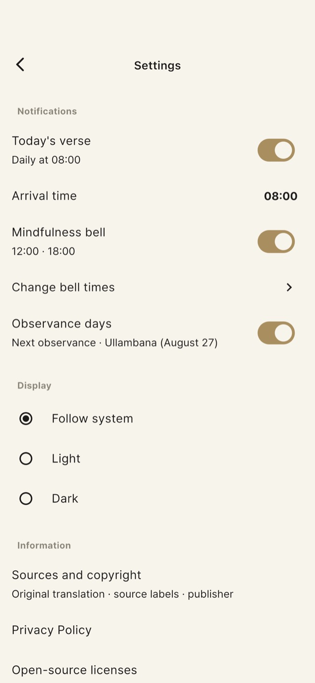 Settings — arrival time for today's verse, mindfulness bell times, observance days, and light or dark display